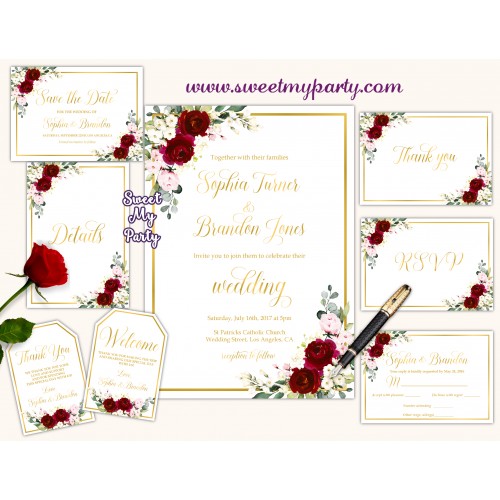 Burgundy Wedding Invitation suite, Ivory invitation suite, (124w)